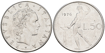 Италия 50 лир 1976 R, бог огня Вулкан у наковальни KM 95.1 нержавеющая сталь 259-133