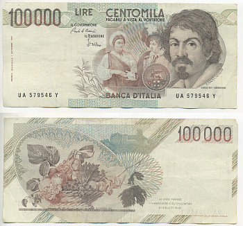 Италия 100000 лир 1983 Караваджо, фруктовый букет, подпись Speziali Pick 110b бумага 7220-29-3