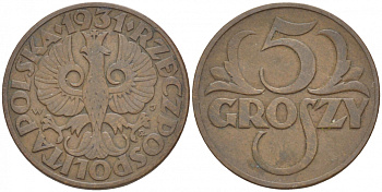 ПОЛЬША 5 ГРОШЕЙ 1931 w KM 10a бронза 4549-235
