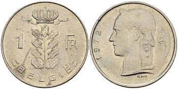 БЕЛЬГИЯ 1 ФРАНК 1972 BELGIE KM 143.1 медно-никель 4546-416