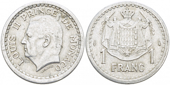 Монако 1 франк 1943 Луи II (1922-1949) KM 120 алюминий 4402-626