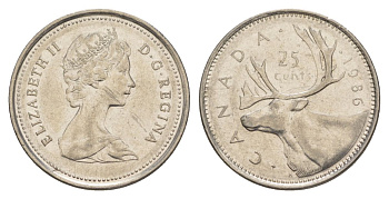 Канада 25 центов 1986 Елизавета II (1952-2022), олень KM 74 никель 4631-635