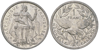 Французская Новая Каледония 1 франк 1991 птица кагу, (IEOM) KM 10, Schoen 10, Lec 51 алюминий 53-1045