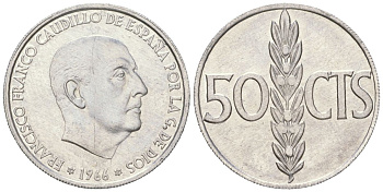 Испания 50 сентимо 1966 (74) Франсиско Франко (1939-1975) KM 795 алюминий UNC 261-653
