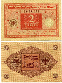 ГЕРМАНИЯ 2 МАРКИ 1920 1 МАРТА 1920, ВЕЙМАРСКАЯ РЕСПУБЛИКА, КРАСНАЯ, СЕРИЯ 35 Pick 59, Rosenberg 65b бумага 7523-6-3-2