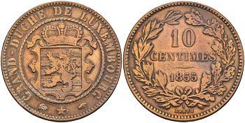 Люксембург 10 сантимов 1855 А, Barth, Виллем III Нидерландский (1849-1890) KM 23.2 бронза 4587-635