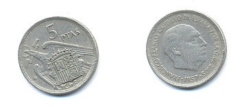 ИСПАНИЯ 5 ПЕСЕТ 1957 ФРАНСИСКО ФРАНКО ДИКТАТОР ИСПАНИИ (1939-1975) KM 786 медно-никель 54-1221