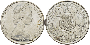 Австралия 50 центов 1966 Елизавета II (1952-2022), герб Австралии, кенгуру KM 67 серебро 82-815