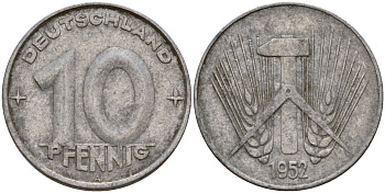 ГДР 10 пфеннигов 1952 A KM 7 алюминий 24-1133