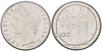 Италия 100 лир 1991 R, Афина в доспехах KM 96.2 нержавеющая сталь 4608-417