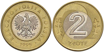 Польша 2 злотых 1995 MW KM 283 биметалл 80-236