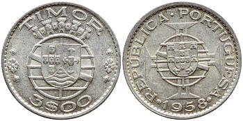 Португальский Тимор 3 эскудо 1958 год тип KM 14 серебро  aUNC  63-318