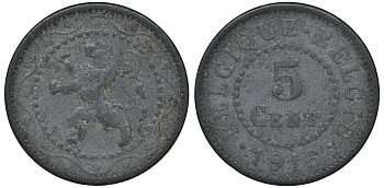 Бельгия 5 сантимов 1916 Belgique-Belgie, германская оккупация, I-ая мировая война KM 80 цинк 72-1654