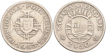 Португальский Мозамбик 2 1/2 эскудо 1953 KM 78 медно-никель 4556-1054
