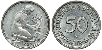 ФРГ 50 ПФЕННИГОВ 1980 F J 384a, KM 109.2 медно-никель aUNC 72-1113