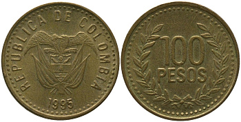 Колумбия 100 песо 1995 KM 285.2, Restrepo 445.4 латунь 4538-1247