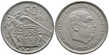 Испания 50 песет 1957 (71) Франциско Франко (1939-1975) KM 788 медно-никель 81-325