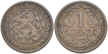 НИДЕРЛАНДЫ 1 ЦЕНТ 1914 ВИЛЬГЕЛЬМИНА I (1891-1948) KM 152 бронза 4547-1169