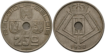 Бельгия 25 сантимов 1938 Belgique - Belgie KM 114 никель латунь 4583-836