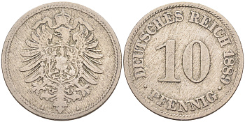 ГЕРМАНИЯ 10 ПФЕННИГОВ 1889 А, СТАРОГЕРБОВКА KM 4, J.4 медно-никель 4589-156