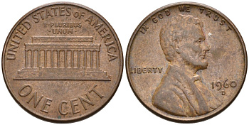 США 1 цент 1960 D, Линкольн KM 201 медь цинк 4564-333