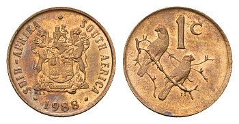 ЮАР 1 цент 1988 герб, капские воробьи, первый год KM 82 бронза UNC 4643-257