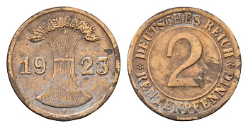 Германия 2 рентенпфеннига 1923 F KM 31, J. 307 бронза 4630-1169