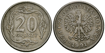 Польша 20 грошей 1991 MW KM 280 медно-никель 4136-815