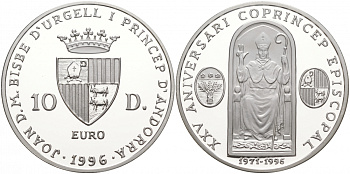 Андорра 10 динеров 1996 25 лет соправления  Жоана Марти-и-Аланиса, ECU KM 125 серебро PROOF 11-039-42