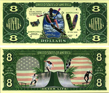 США 8 ДОЛЛАРОВ 2002 СУВЕНИРНАЯ БАНКНОТА, СПОРТИВНАЯ СЕРИЯ, СКЕЙТБОДИНГ бумага UNC (ПРЕСС) 7198-38-1-1
