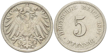 ГЕРМАНИЯ 5 ПФЕННИГОВ 1897 D KM 11, J. 12 медно-никель 4516-722