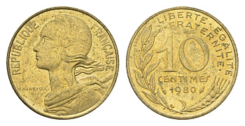 Франция 10 сантимов 1980 KM 929 алюминиевая бронза 4674-613
