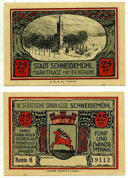 Шнейдемюль (SCHNEIDEMUHL) 25 пфеннигов 1922 нотгельд (KONTO G), земля Померания Grabowski 1191.2b бумага 2196-1-3-2