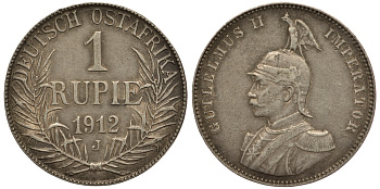 Немецкая Восточная Африка (Танзания) 1 рупия 1912 J - OST-AFRICA, реставрация гурта Jaeger 722, KM 10 серебро 5010-631