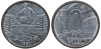 Бразилия 10 крузейро 1990 золотодобыча KM 619.1 нержавеющая сталь aUNC 72-1517
