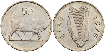 Ирландия 5 пенсов 1976 бык KM 22 медно-никель 4141-257