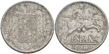 Испания 10 сентимо 1941 рыцарь на коне KM 766 алюминий 4575-141