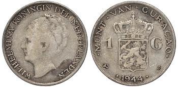 Нидерландское Кюрасао 1 гульден 1944 D, Вильгельмина (1890-1948) KM 45 серебро 36-545