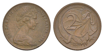 Австралия 2 цента 1974 Елизавета II (1952-2022), плащеносная ящерица KM 63 бронза 4655-1237