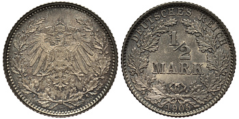 ГЕРМАНИЯ 1/2 МАРКИ 1905 D J. 16, KM 17 серебро UNC 413-4445