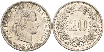ШВЕЙЦАРИЯ 20 РАППЕНОВ 1971 KM 29a медно-никель 55-934