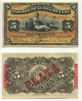 Куба 5 песо 1896 Испанская Администрация, красная надпечатка PLATA Pick 48b бумага UNC (пресс) 448-32-2-1