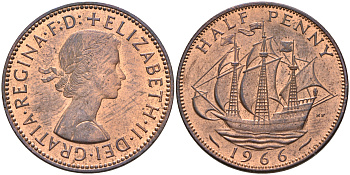Великобритания 1/2 пенни 1966 Елизавета II (1952-2022) KM 896, Spink 4158 бронза    4148-1252