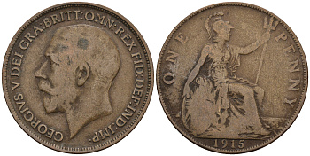 Великобритания 1 пенни 1915 Георг V (1910-1936) KM 810, Spink 4051 бронза 221-233