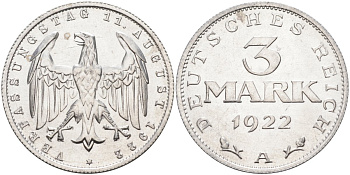 Германия 3 марки 1922 A, третья годовщина Веймарской Конституции KM 29, J.303 алюминий UNC 4587-221