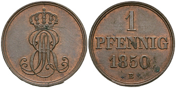 Ганновер 1 пфенниг 1850 B, Эрнст Август (1837-1851) KM 201.1, AKS 129, J. 74 медь 4608-1067