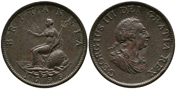 Великобритания 1/2 пенни 1799 Георг III (1760-1820) KM 647, Spink 3778 медь 1518-631