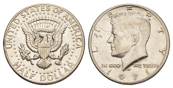 США 1/2 доллара (50 центов) 1971 D, Джон Кеннеди KM 202b медь плакированная медно-никелем aUNC 97-314