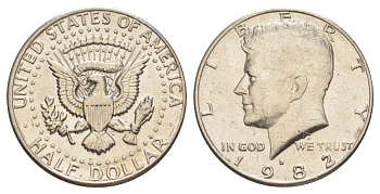 США 1/2 доллара (50 центов) 1982 D, Джон Кеннеди KM A202b медь плакированная медно-никелем aUNC 4367-542