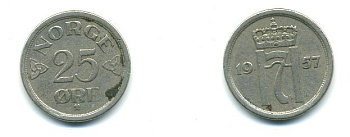 НОРВЕГИЯ 25 ЭРЕ 1957 KM 401 медно-никель 46-2541